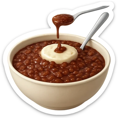Make the champorado look like chocolate mixed with congee, with visible rice grains in a thick, glossy chocolate porridge, realistic texture, appetizing and true-to-life, keep the background transparent. Realistic and detailed food texture. sticker
