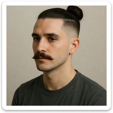 guy with a moustache and a man bun, low taper fade haircut, neutral background sticker
