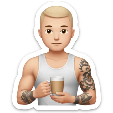 a white short guy wearing a white tank top with a buzz cut drinking a cup of coffee, hes got tattoos on his arms sticker