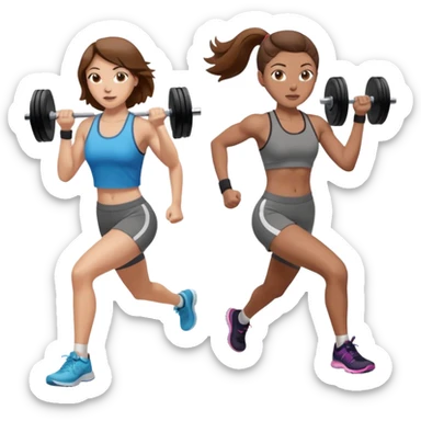 two women. only one is running. the other is only lifting weights. brown hair, light skin, hazel eyes. sticker