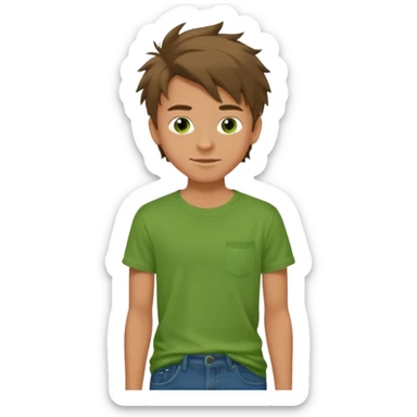 A 14 yerar old teenage boy, slightly tanned, wearing a green tshirt (no shirt pocket), blue jeans and green sneakers with brown tousled hair, smirking sticker