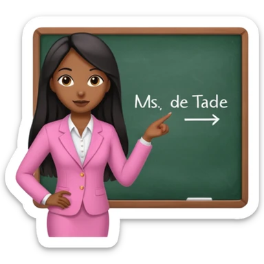 a brown skin teacher with hair with black straight long hair wearing pink not hot pink 2 piece set teaching up on a board the board says Ms. jade sticker