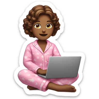 A girl with brown hair in pink plush pajamas is sitting with a laptop in her hands sticker
