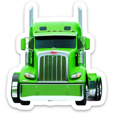 neon green peterbilt semi truck lowered on the ground with large chrome wheels and chrome smoke stacks sticker