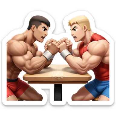 Two strong competitors locked in an intense arm wrestling match, muscles tensed as they battle for victory. The table is well-lit, showcasing their focused expressions and powerful arm grips. The background features a competitive arena with a cheering crowd. Transparent background. sticker
