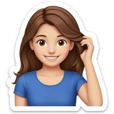 Smiling girl with brown hair and dimples with her hand on her hair and a big chest sticker