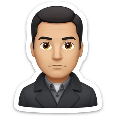 Strong built middle-aged Hispanic man with tan complexion, short black straight hair combed back with faded sides, square masculine face with defined jawline, wearing black coat and gray button-up shirt tucked in sticker