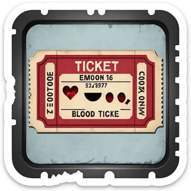 Minimalist emoji-style sticker of an old torn cinema ticket, with faded text “EMMO”, blood-stained edges and burn holes, grayscale paper

 sticker