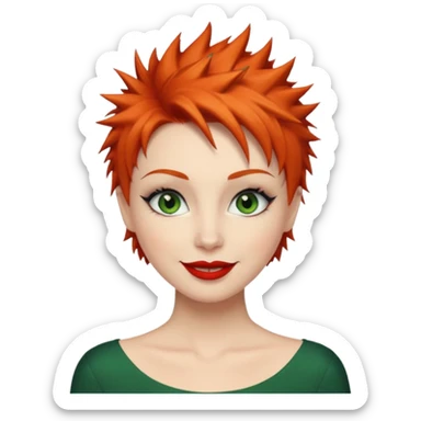 Short spikey Ginger hair, green eyes, black long eye lashes large red lips White woman happy sticker