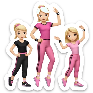 Hiphop dancer, with cute big pants, sneakers, and t-shirt. White girl blond. Coloufull shirt. No pocket pants. Dancing. Pink and black plain outfit. No sweatbands on the wrist, black music box behind her. Ballerina pose. with dancing kids behind her. With a music box sticker