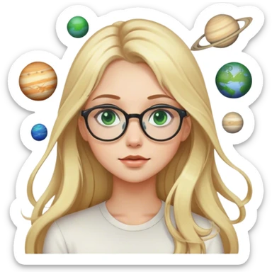 A blonde girl with long hair green eyes and glasses with many planets around her sticker