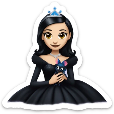 relaxed low-cut slinky black evening ball gown with lace gloves, Jenna Ortega as Morticia Addams wearing a mini diamond tiara showing off a cute blue horned dragon ventriloquist puppet sticker