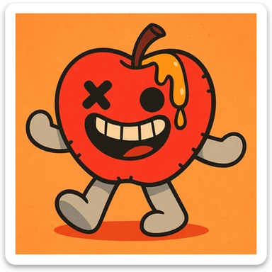 vibrant-toon style: plush apple character, soft light grey limbs, left eye replaced by stitched X, golden ichor oozing from stem, wide toothy grin, no leaf sticker