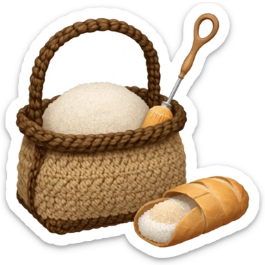  a one victorian bottle of salt and a loaf of bread - a bread bag, crochet needles and a ball of wool sticker