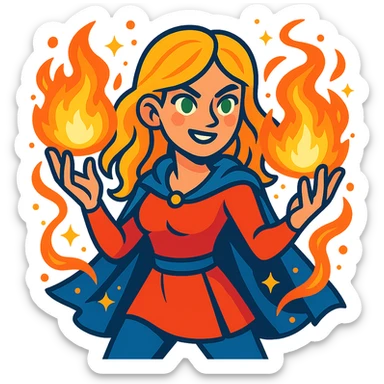 blonde woman with green eyes holding fireballs in her hands, surrounded by magical effects, vibrant toon style sticker