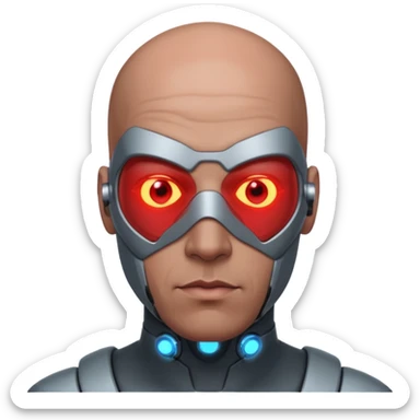 bald dark brown man, half of his face covered in cyborg upgrades such as red laser sticker