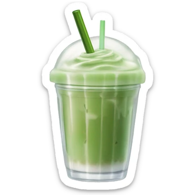 Fresh looking iced Matcha Latte with a Glass Straw and in a glass cup which looks like a plastic cup sticker