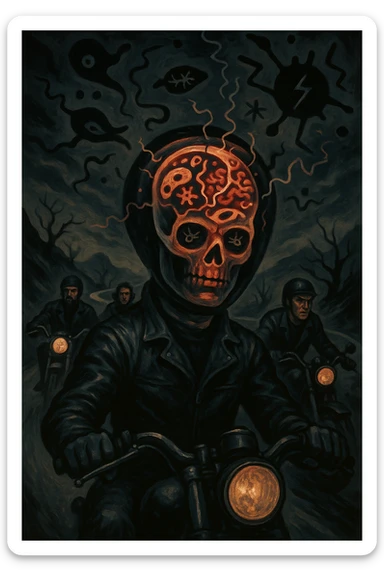 Gruppo di motociclisti su strada, volti impassibili o con espressioni rischiose e prive di paura, mentre affrontano curve pericolose. Atmosfera surreale, con ombre o simboli astratti che rappresentano la toxoplasmosi (come parassiti invisibili nel cervello). Effetti visivi sul cranio o sulla testa che mostrano come l’infezione alteri il senso del pericolo. Scene dinamiche ma inquietanti, cielo scuro e simbolismo neurologico. sticker