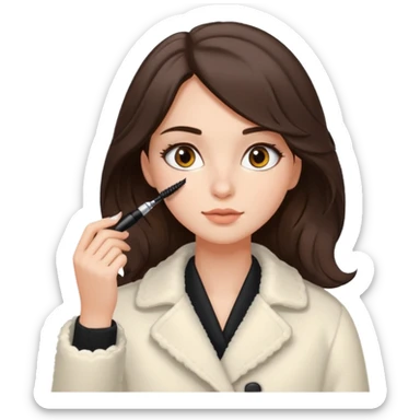 Garota branca de cabelos levemente ondulados castanhos escuros médio aplicando máscara de cílios, ela veste casaco off white estilo cozy sticker