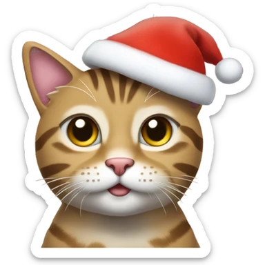 A cute tabby cat with a red Santa hat with snowflakes in the background sticker
