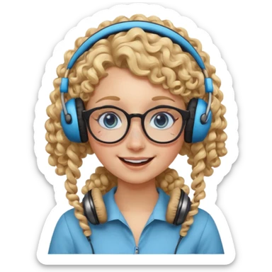 blond kid with unique face features and very curly hair kid girl happy and big glasess and big nose and very blue eyes with freckles kind of nerd looking and headphone wearing sticker