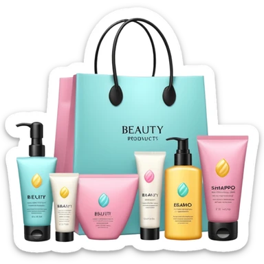 Gift bag with beauty products (shampoo, creams, styling products), a gift bag is beautyful open box with luxury brand-labeled beauty products standing nearby sticker