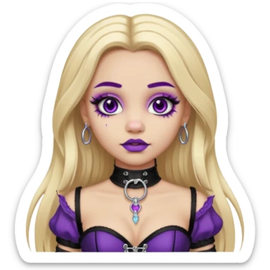 Ai light skin girl , who has straight long length blonde hair with heavy purple streaks , hazel eyes , and doll like makeup , with a septum piercing, in a black corset emoji sticker