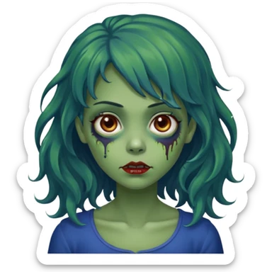 faça uma menina zumbi verde bonita com um cabelo ondulado, olhos castanhos-avermelhados e que metade da franja seja azul escuro e o a outra metade e resto do cabelo sejam castanho escuros sticker