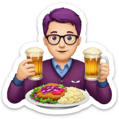 Man with glasses german eating schnitzel, red cabbage, sauerkraut, potato salad, and beer sticker