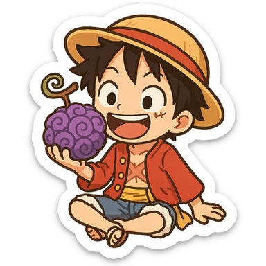 Luffy holding the gum gum fruit in hand, ready to eat, chibi style, fun atmosphere sticker