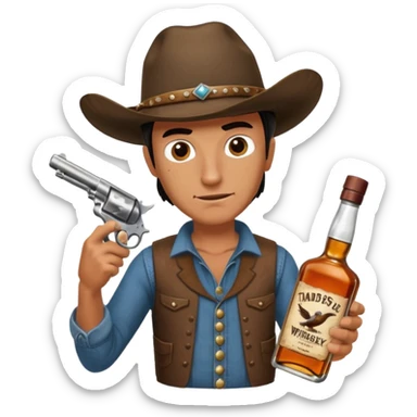 A rough and tumble cowboy with a 6 shooter and a bottle of whiskey. From the view of a bird looking down on the cowboy. Make the graphics dark and gritty in the style of your beeding skull art. sticker