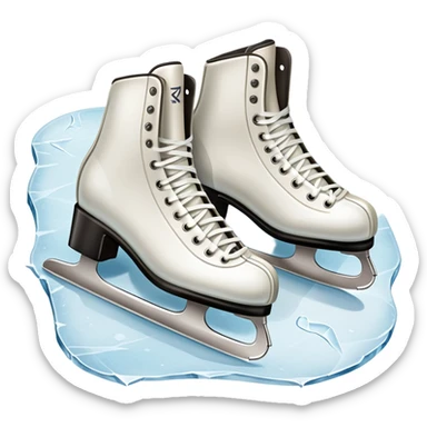 An icon showing a pair of elegant figure skates resting on scratched and scuffed ice, with visible marks from previous skaters. The background hints at an icy rink, with textured ice and soft lighting adding depth. Transparent background emphasizes the beauty of skating. sticker