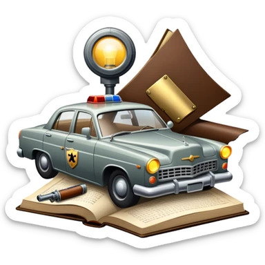 Icon for Action & Crime Reading: an open book with dramatic crime scenes—bullet holes on pages, a detective badge, a revolver and a getaway car. Surrounding elements include a flickering streetlight. Transparent background. sticker