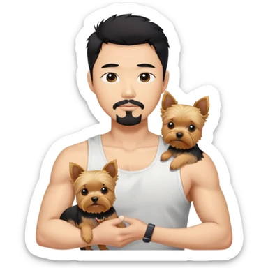 Dark haired Korean Asian handsome man with black pointy hair full goatee and tank top.  Holding a blonde yorkie.  sticker