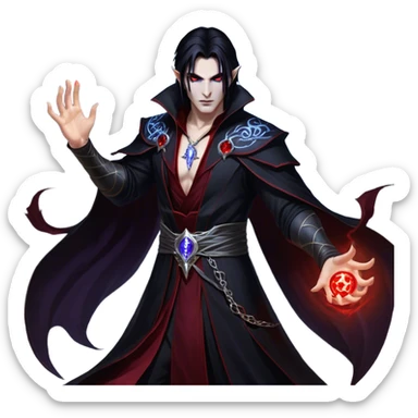 Cinematic Realistic WoW Vampire Mage Portrait, captured in a dynamic, battle-ready pose as he unleashes a torrent of arcane energy. His pallid skin and sleek dark hair contrast sharply with the flowing black robe adorned in silver filigree and glowing runes, while his crimson eyes radiate unyielding power. Rendered with intense, lifelike texture and dynamic, eerie lighting, high shine, embodying the fierce, relentless spirit of a dark sorcerer. sticker