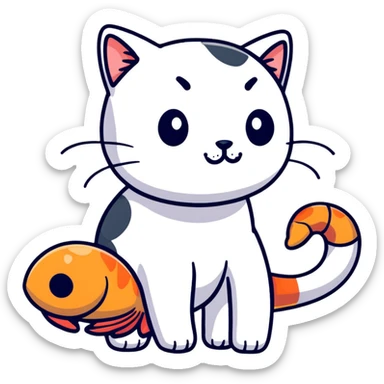 A cute hybrid creature with a shrimp body and tail but a cat's head with whiskers and ears sticker