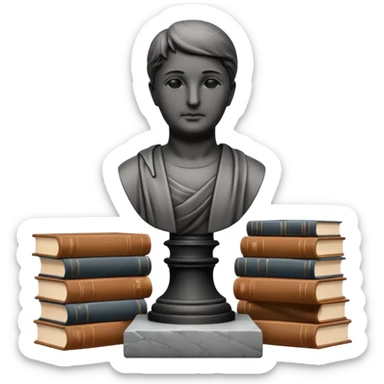 Minimalistic flat vector icon, iOS style, thin black contour on white background. Bust statue on a small pedestal next to a stack of books, symbolizing classic literature. Clean, no text, no shadows sticker