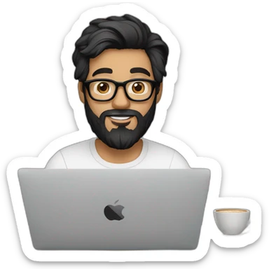 Designer with black hair, beard and glasses working with MacBook and drinking cappuccino  sticker