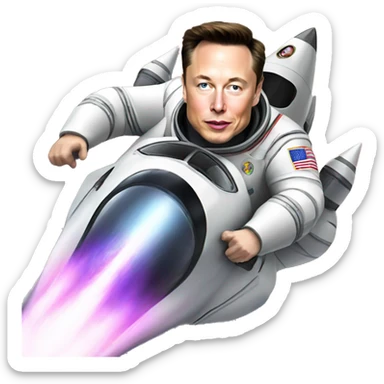 Elon Musk riding on top of a flying space rocket sticker