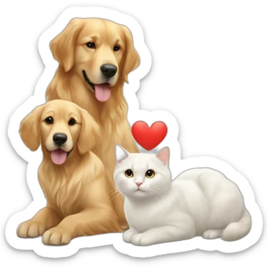 A Golden retriever, a white cat, and a dark gray cat in a red heart sticker