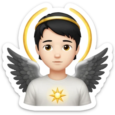 angelic boy with black hair, white t-shirt, glowing halo sticker
