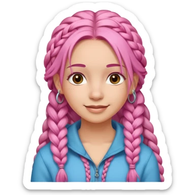 A light-skinned woman with long pink hair styled in braids, brown eyes, and a gentle smile. sticker