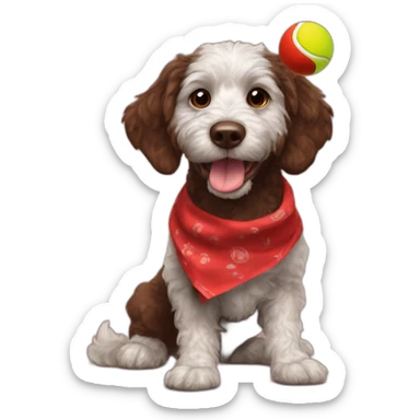A chocolate colored doodle dog wearing a red and black handkerchief juggling three tennis balls sticker