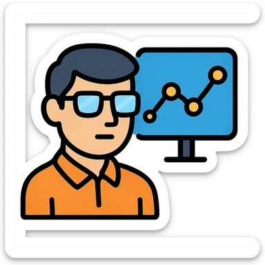 man wearing glasses and looking at data, color outline icon style sticker