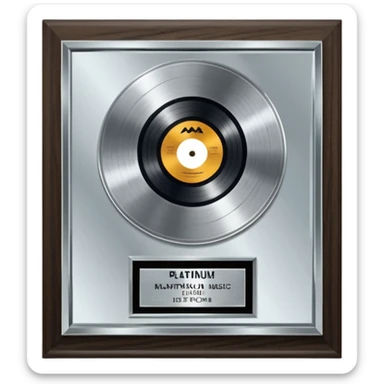 A platinum music award plaque: a square, polished platinum plate with a subtly textured, mirror-like finish, mounted on a simple dark wood base. The center features a relief of a or stylized vinyl record in a slightly darker metallic tone.  sticker