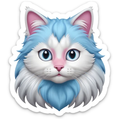 A cute fluffy long-haired cat face emoji, grey and white bicolor fur, thick white mane around the neck, stunning icy blue eyes, pink nose, long whiskers, looking up slightly, soft lighting, 3D Apple style emoji, high detail. sticker