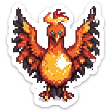Transform this pixel art phoenix into a dark phoenix: make the bird's body black, with shining, vivid flames in orange, red, and yellow. Keep the background transparent. sticker