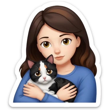 Brunette woman snuggling black brown and white calico cat sticker