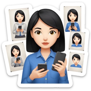female UX designer with black hair holding a mobile phone and design sketches sticker