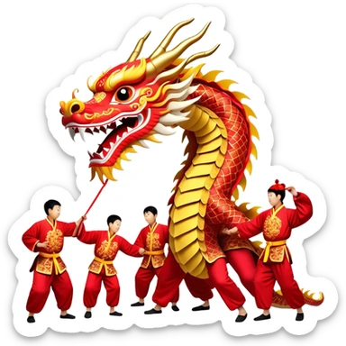 Cinematic Realistic scene of a traditional Chinese Dragon Dance featuring a team of performers skillfully manipulating a colossal, flexible dragon puppet, its intricately detailed, vibrant scales and flowing, embroidered fabric catching the light, set against a festive backdrop of red lanterns and dynamic red-tinged lighting that accentuates the majestic presence of the dragon puppet. sticker